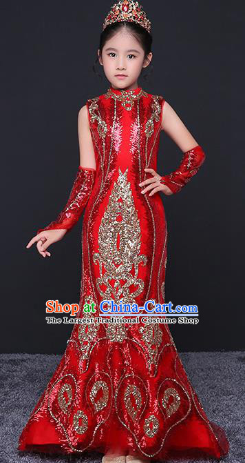 Red Children Dress Top Model Runway Evening Dress Sequined Fish Tail Costume China Spring Festival Gala Performance Clothing