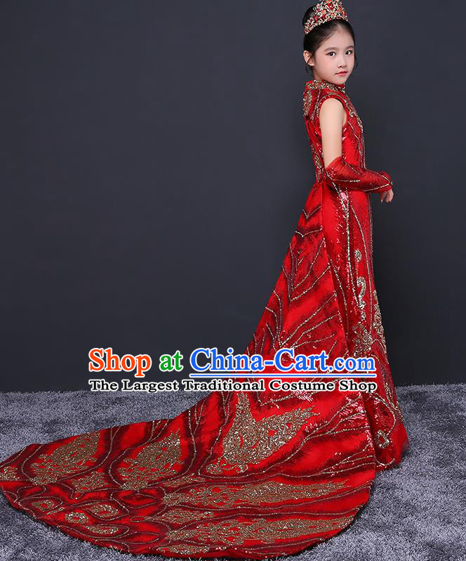 Red Children Dress Top Model Runway Evening Dress Sequined Fish Tail Costume China Spring Festival Gala Performance Clothing