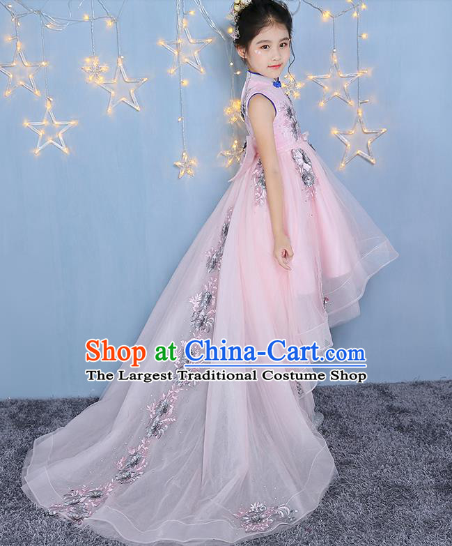 Girl Model Runway Dress Chinese Children Clothing Pink Princess Dress Piano Playing Performance Costume
