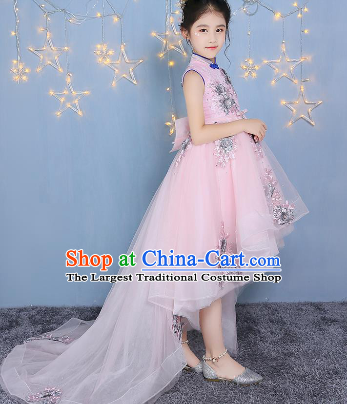 Girl Model Runway Dress Chinese Children Clothing Pink Princess Dress Piano Playing Performance Costume