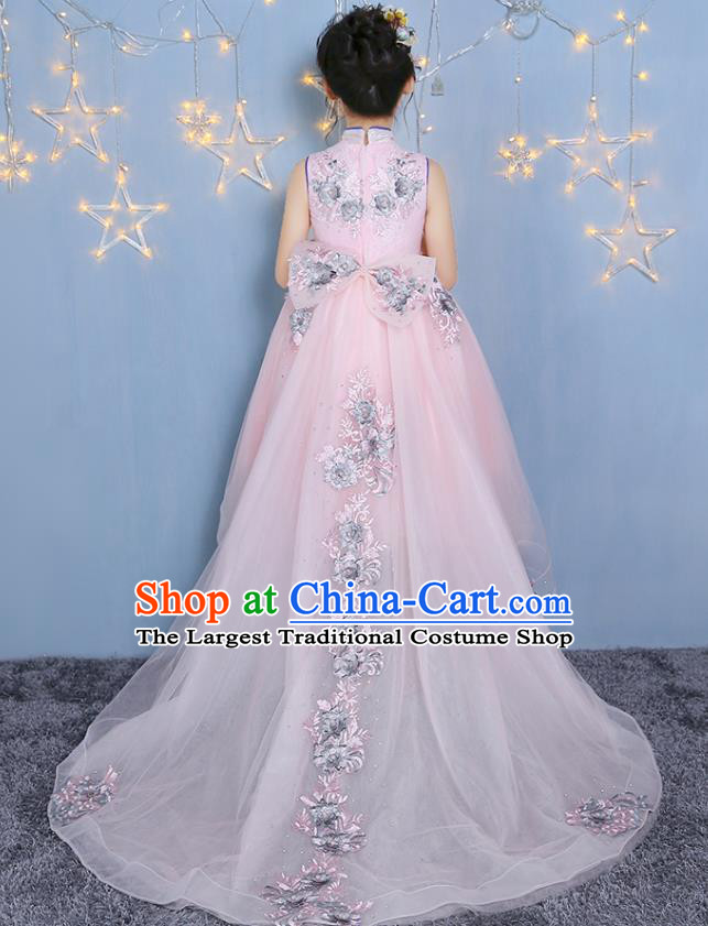 Girl Model Runway Dress Chinese Children Clothing Pink Princess Dress Piano Playing Performance Costume