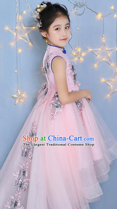 Girl Model Runway Dress Chinese Children Clothing Pink Princess Dress Piano Playing Performance Costume