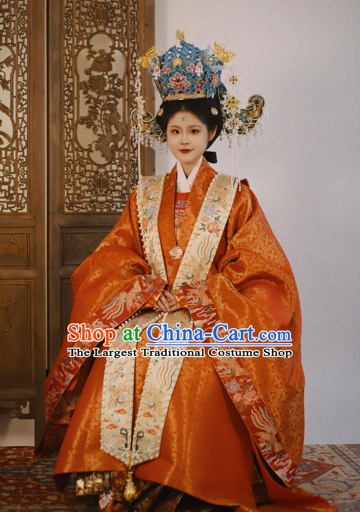 Chinese Ming Dynasty Wedding Dress Bride Red Brocade Large Sleeve Garment Ancient Empress Xia Pei Trailing Tail Costumes