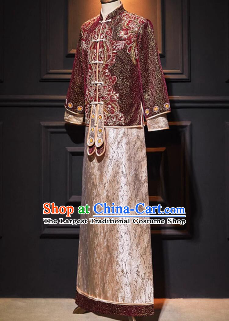 Chinese Ancient Groom Clothing Traditional Wedding Male Outfit Tang Suit Embroidered Mandarin Jacket and Long Robe Complete Set