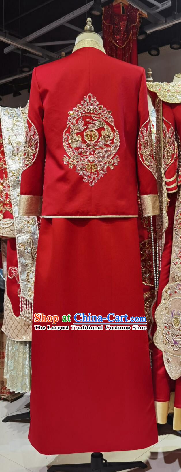 Chinese Tang Suit Embroidered Beads Mandarin Jacket and Long Robe Ancient Groom Clothing Traditional Wedding Male Outfit