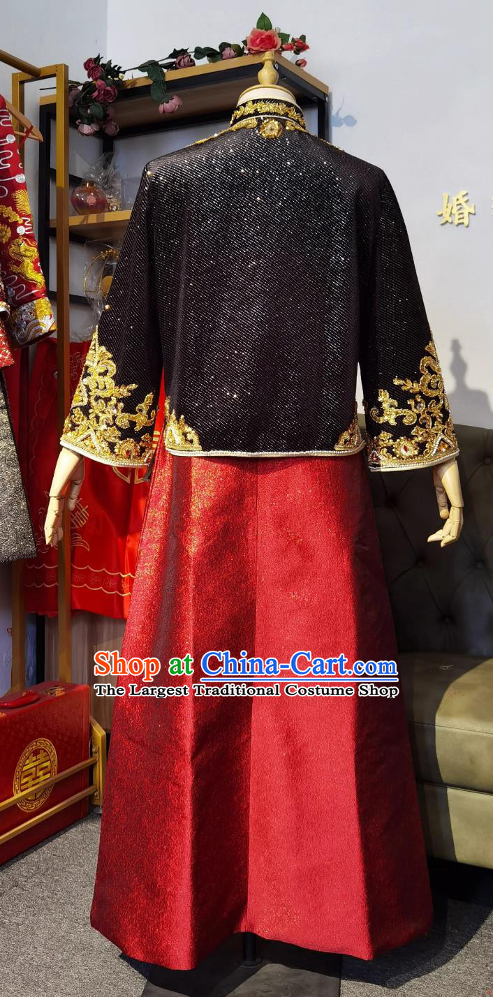 Ancient Chinese Groom Clothing Traditional Wedding Male Outfit Tang Suit Embroidered Black Mandarin Jacket and Red Long Robe