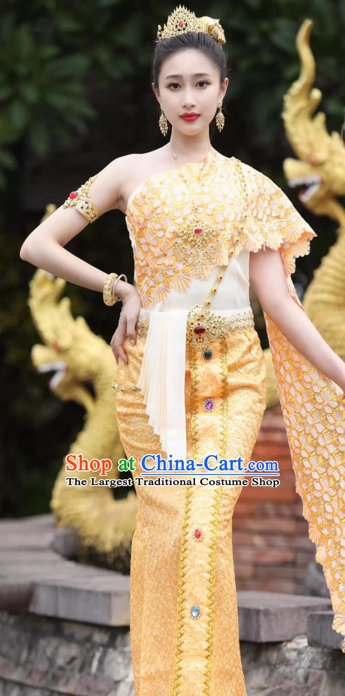 Bride Yellow Uniform Thai Clothing Women Set Thailand Traditional Embroidered Costume