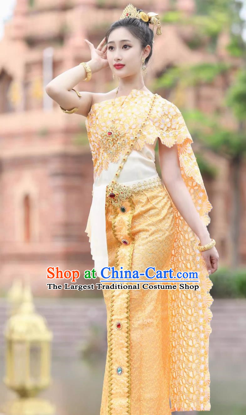 Bride Yellow Uniform Thai Clothing Women Set Thailand Traditional Embroidered Costume