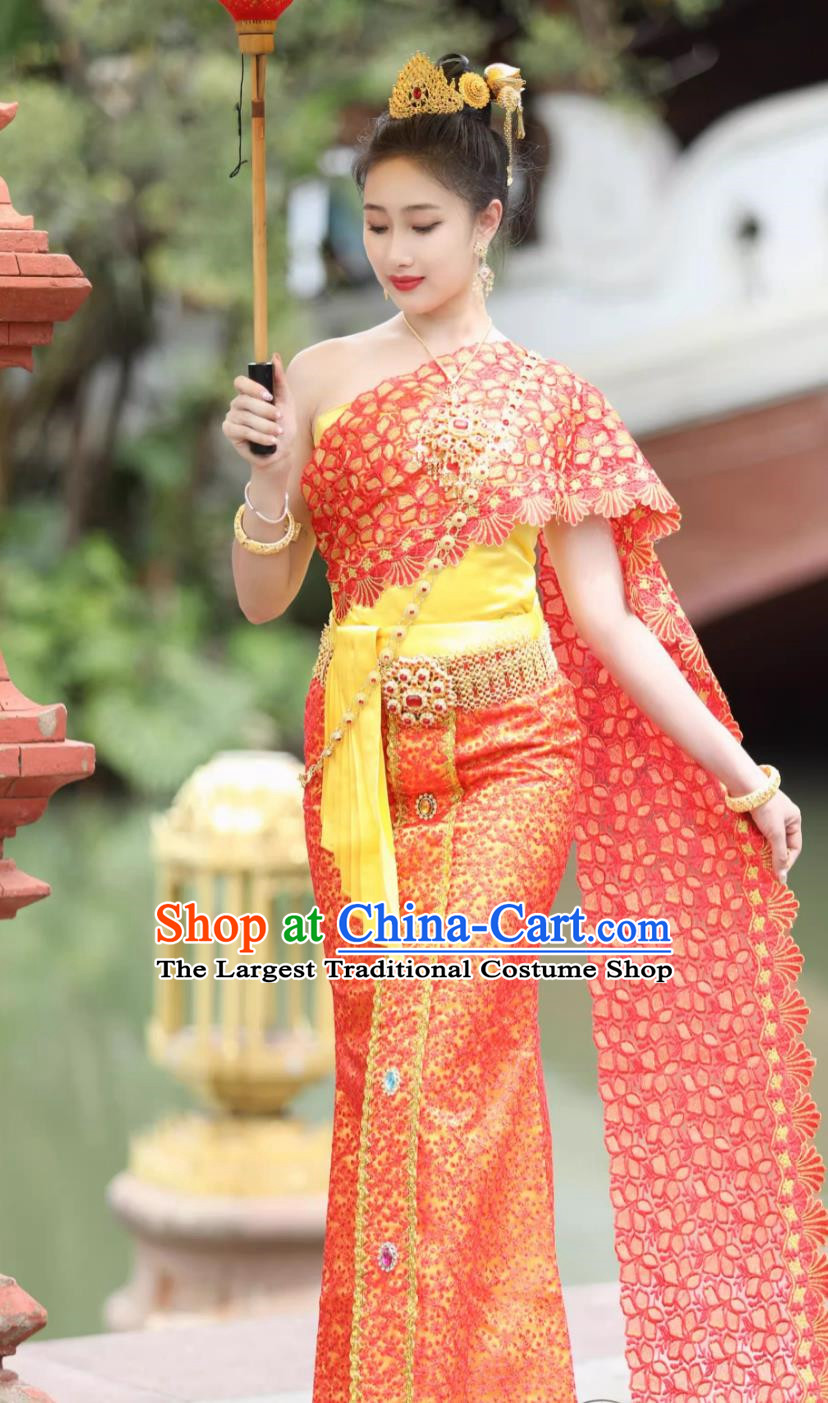 Thailand Traditional Embroidered Costume Bride Red Uniform Thai Clothing Women Set