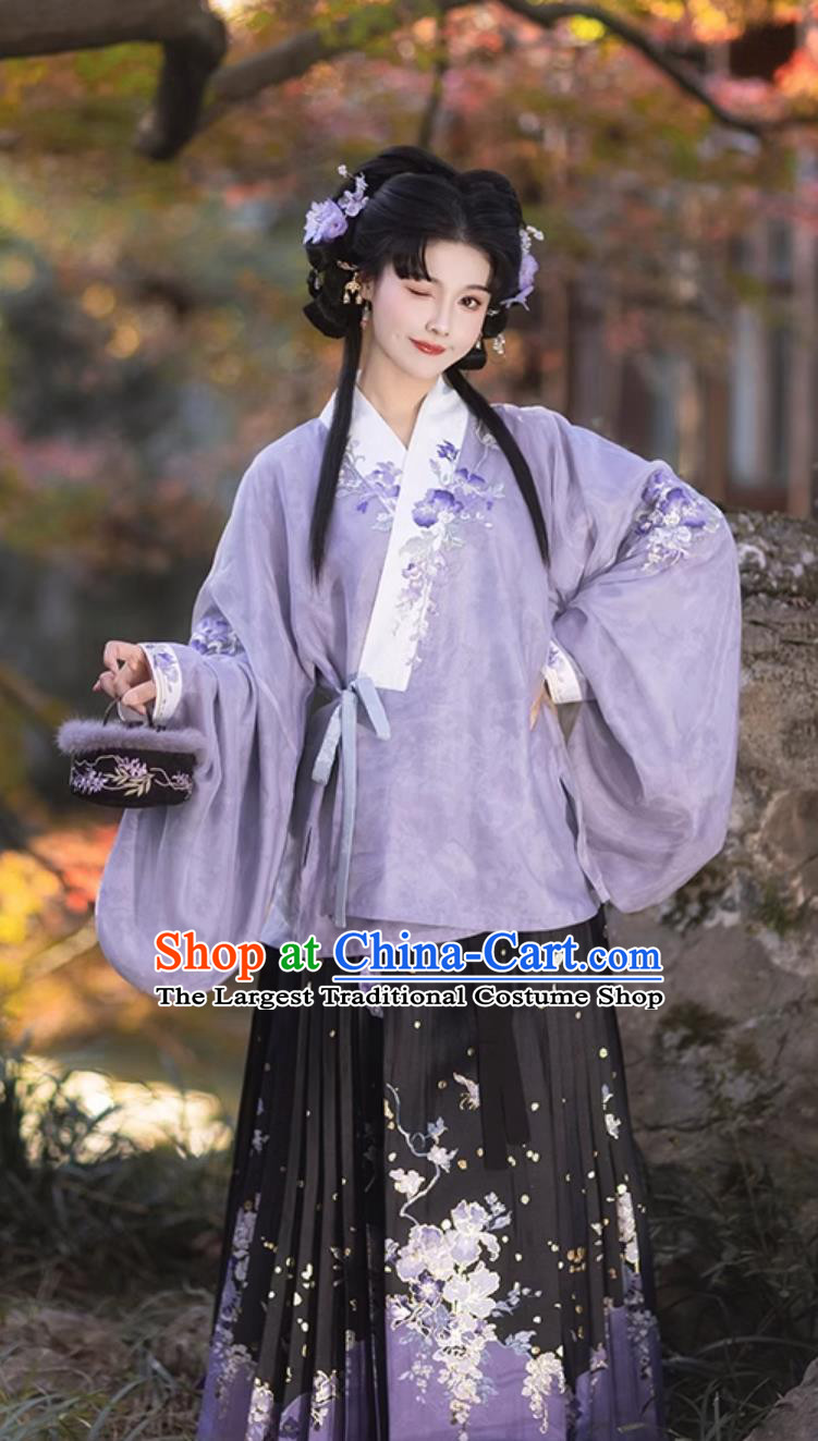 Ancient China Princess Costumes Chinese Traditional Hanfu Ming Dynasty Woman Clothing Purple Blouse and Mamian Skirt Complete Set