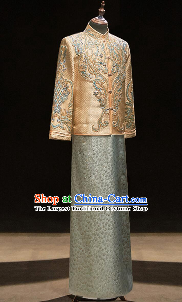 Chinese Groom Mandarin Jacket and Long Gown Traditional Wedding Attire Complete Set