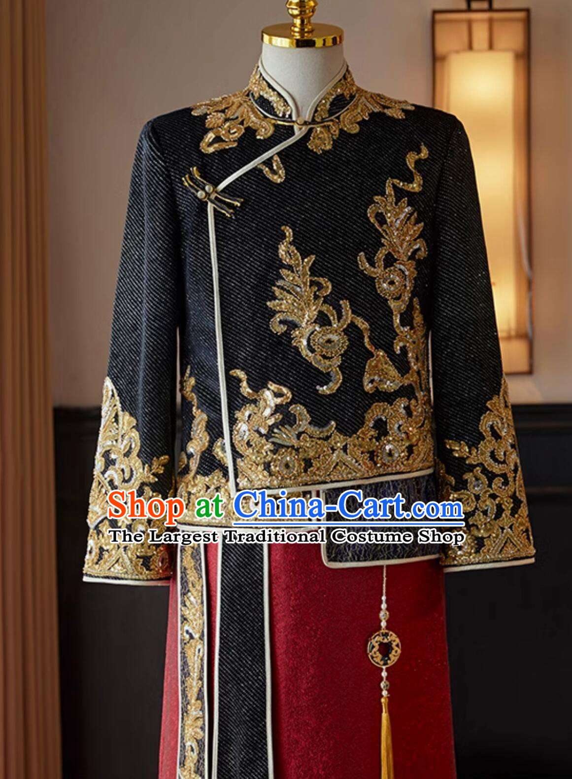 Chinese Black Mandarin Jacket and Long Gown Male Xiuhe Suit Traditional Wedding Groom Attire Complete Set
