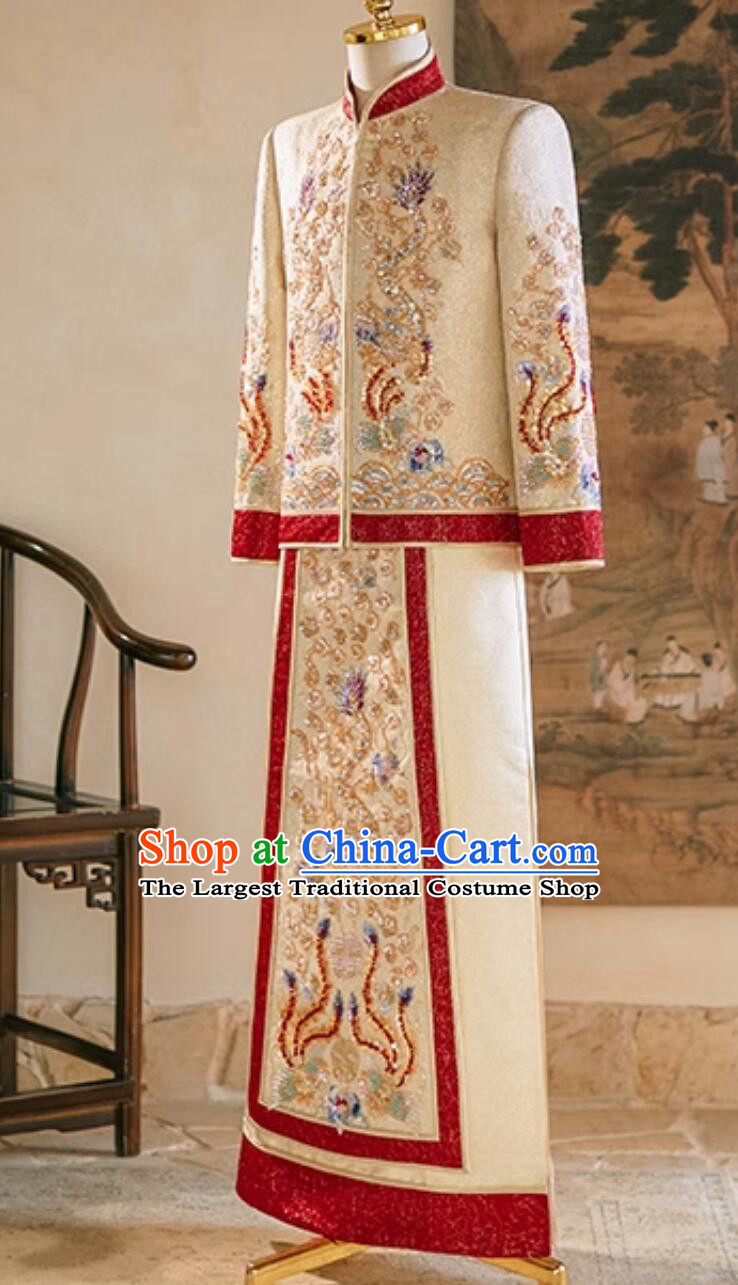 Chinese Traditional Wedding Groom Attire Champagne Mandarin Jacket and Long Gown Male Xiuhe Suit Complete Set