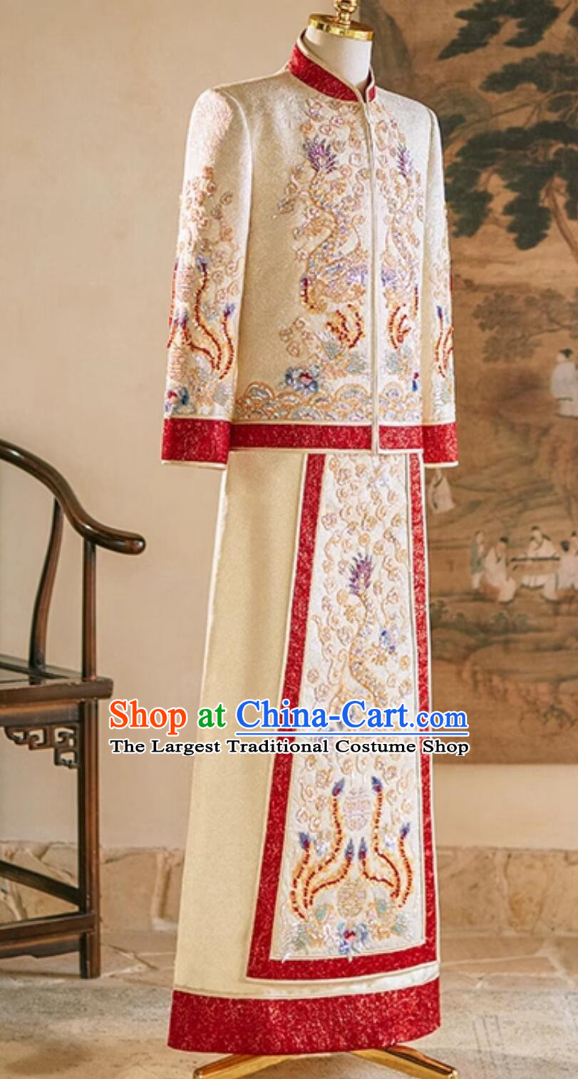 Chinese Traditional Wedding Groom Attire Champagne Mandarin Jacket and Long Gown Male Xiuhe Suit Complete Set