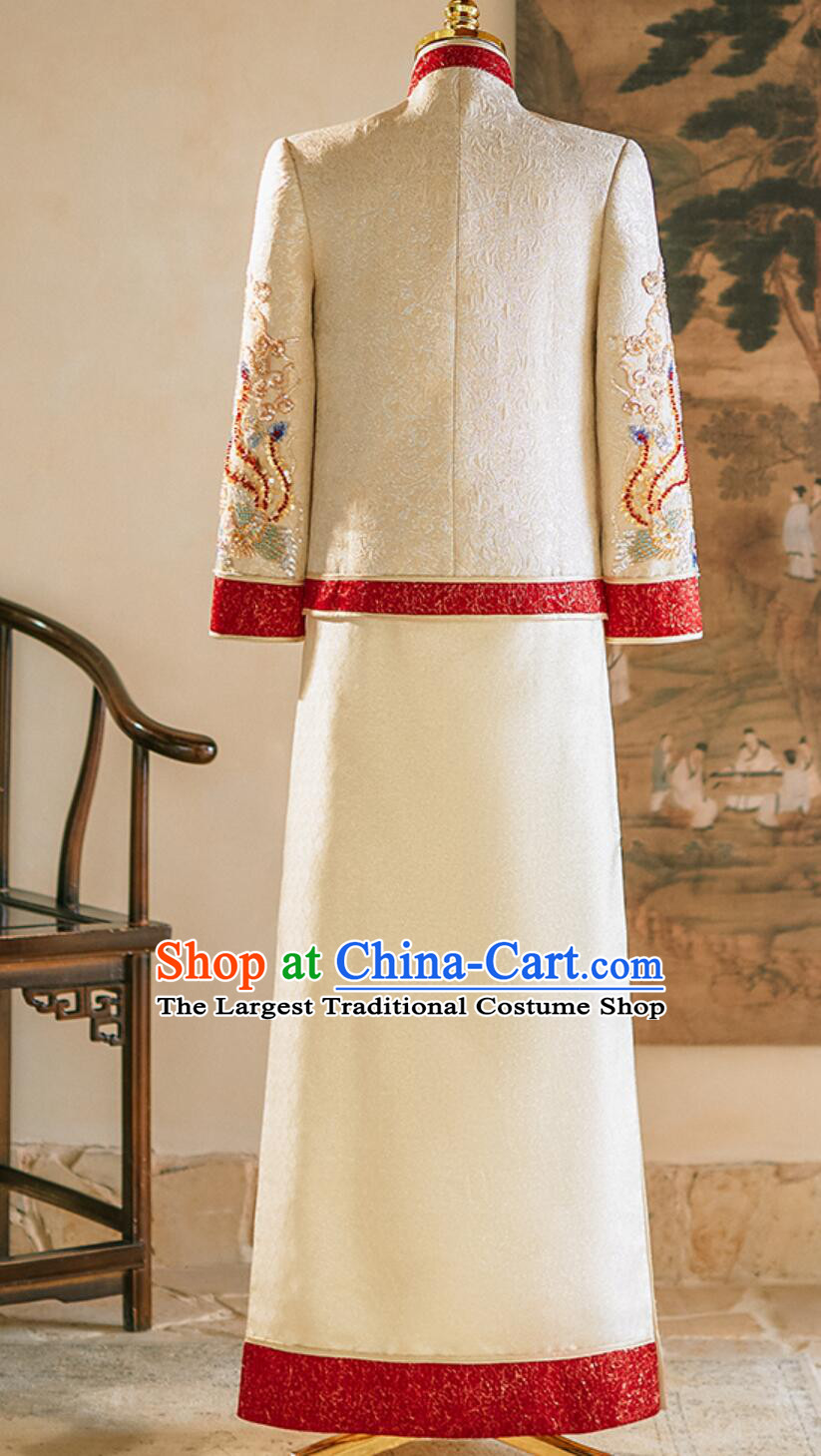 Chinese Traditional Wedding Groom Attire Champagne Mandarin Jacket and Long Gown Male Xiuhe Suit Complete Set