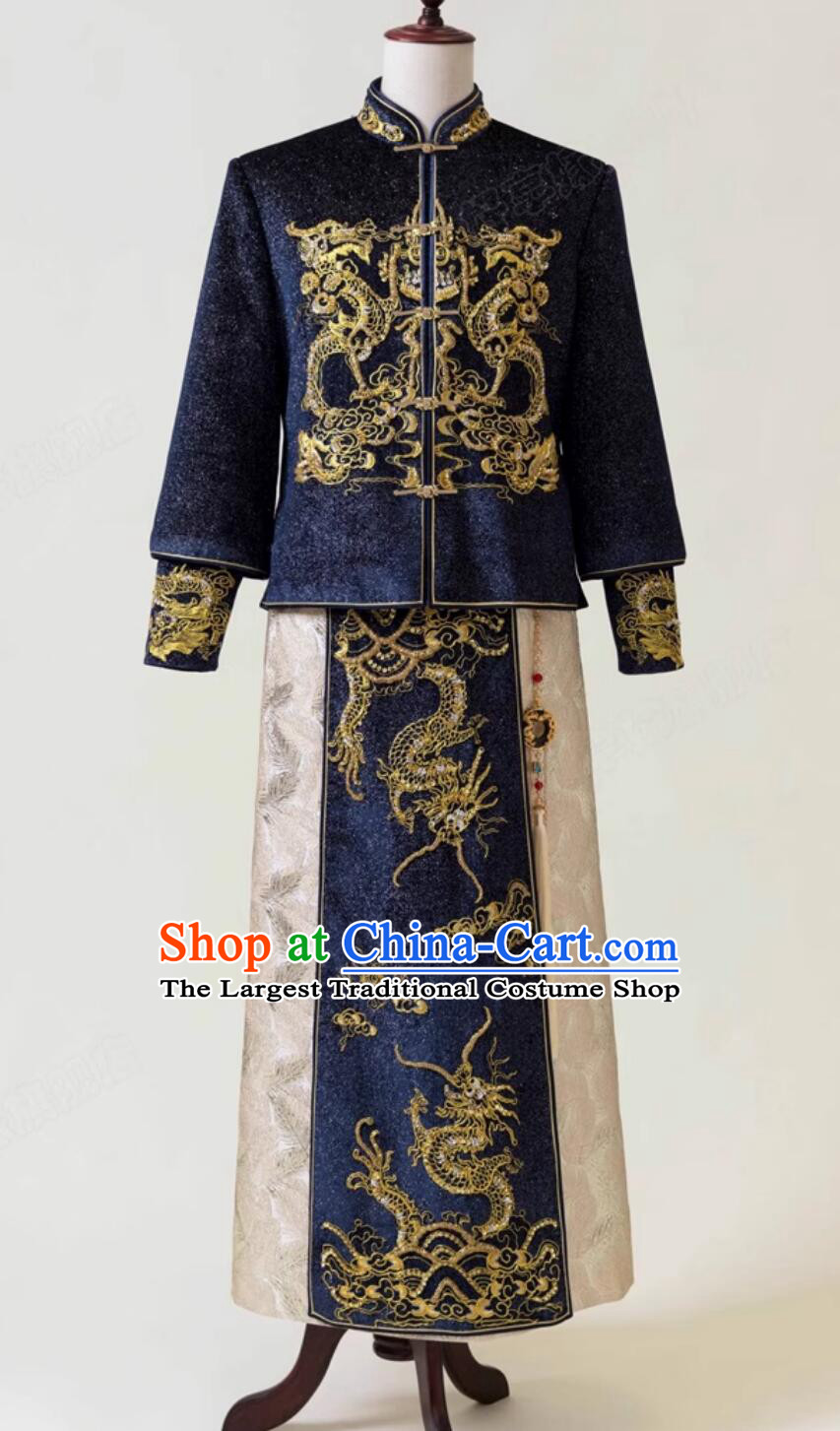 Chinese Male Xiuhe Suit Traditional Wedding Groom Attire Blue Mandarin Jacket and Long Gown Complete Set