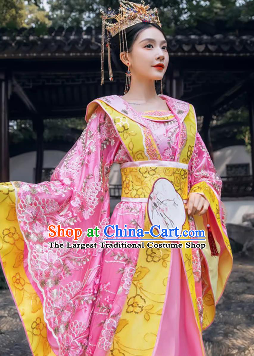 Ancient Chinese Empress Clothing Traditional Hanfu Online Shop Pink Tang Dynasty Imperial Consort Trailing Dress Complete Set