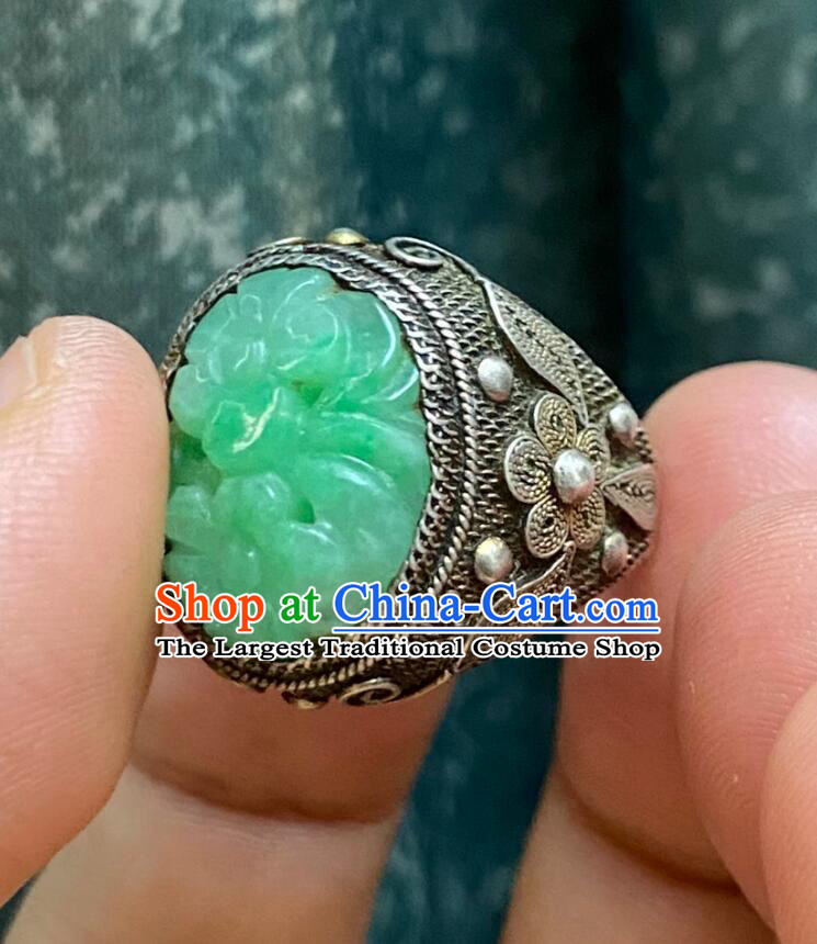 China Classic Jewelry Silver Finger Ring Ancient Chinese Qing Dynasty Jadeite Carving Plum Ring
