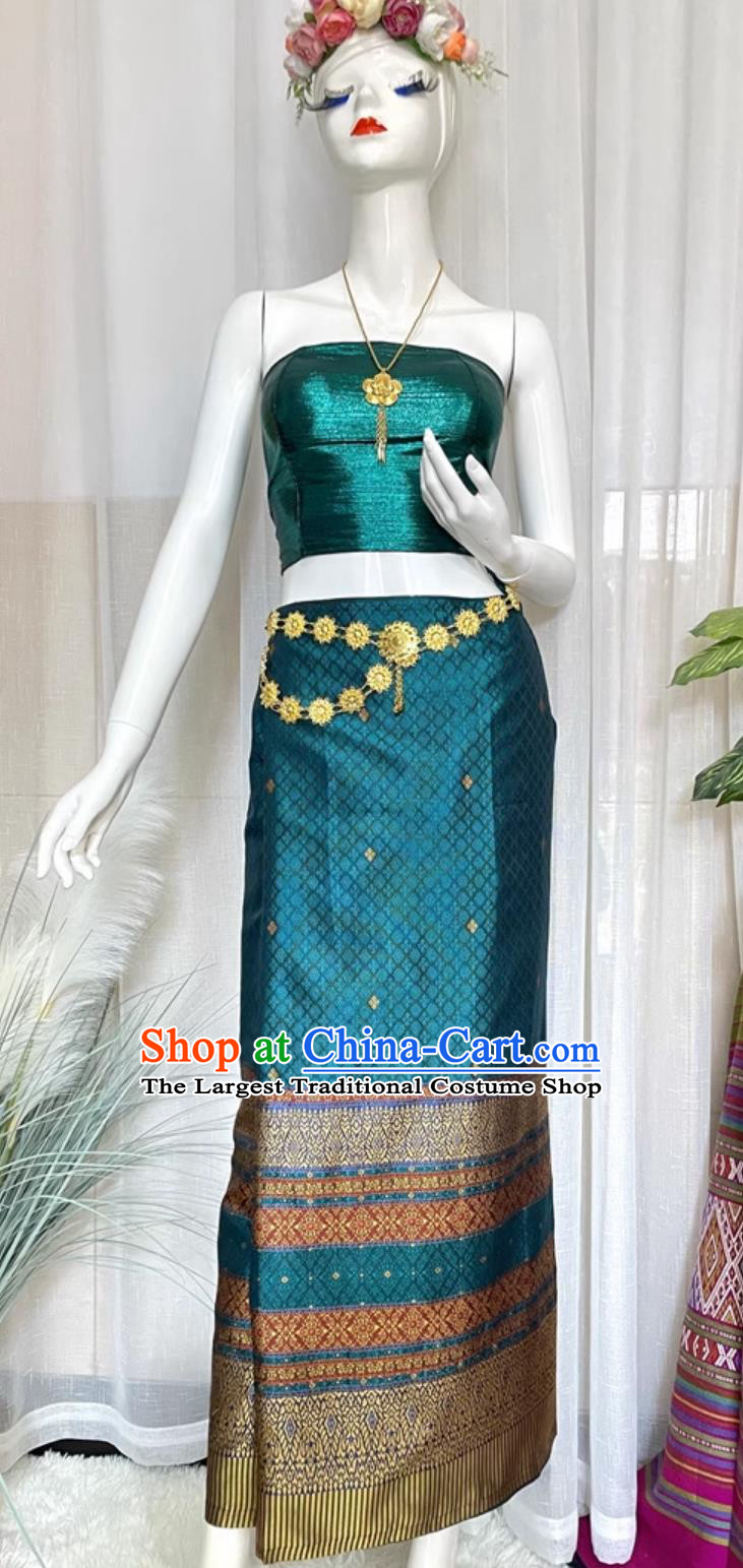 China Dai Ethnic Woman Clothing Xishuangbanna National Minority Costume Thailand Traditional Peacock Blue Top and Skirt Outfit