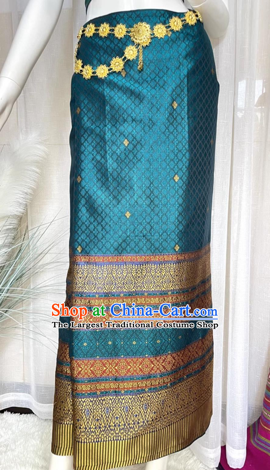 China Dai Ethnic Woman Clothing Xishuangbanna National Minority Costume Thailand Traditional Peacock Blue Top and Skirt Outfit