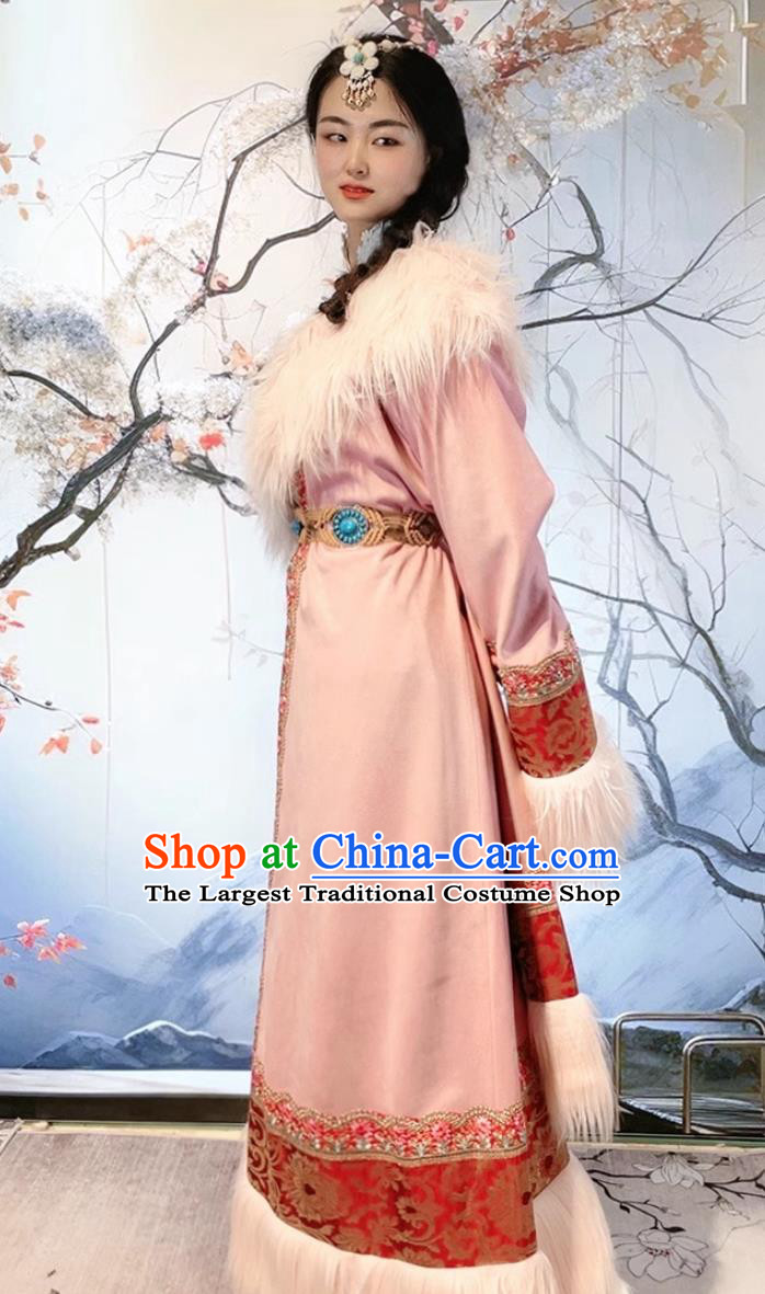 China Xizang Ethnic Stage Performance Clothing Woman Pink Tibetan Robe Zang Nationality Winter Costume