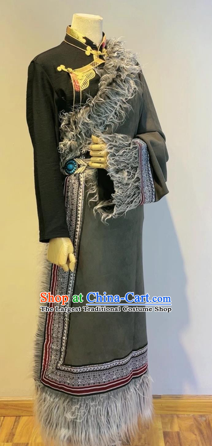 China Xizang Ethnic Stage Performance Clothing Tibetan Couple Robes Zang Nationality Winter Suede Costumes