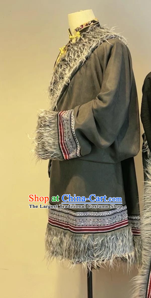 China Xizang Ethnic Stage Performance Clothing Tibetan Couple Robes Zang Nationality Winter Suede Costumes