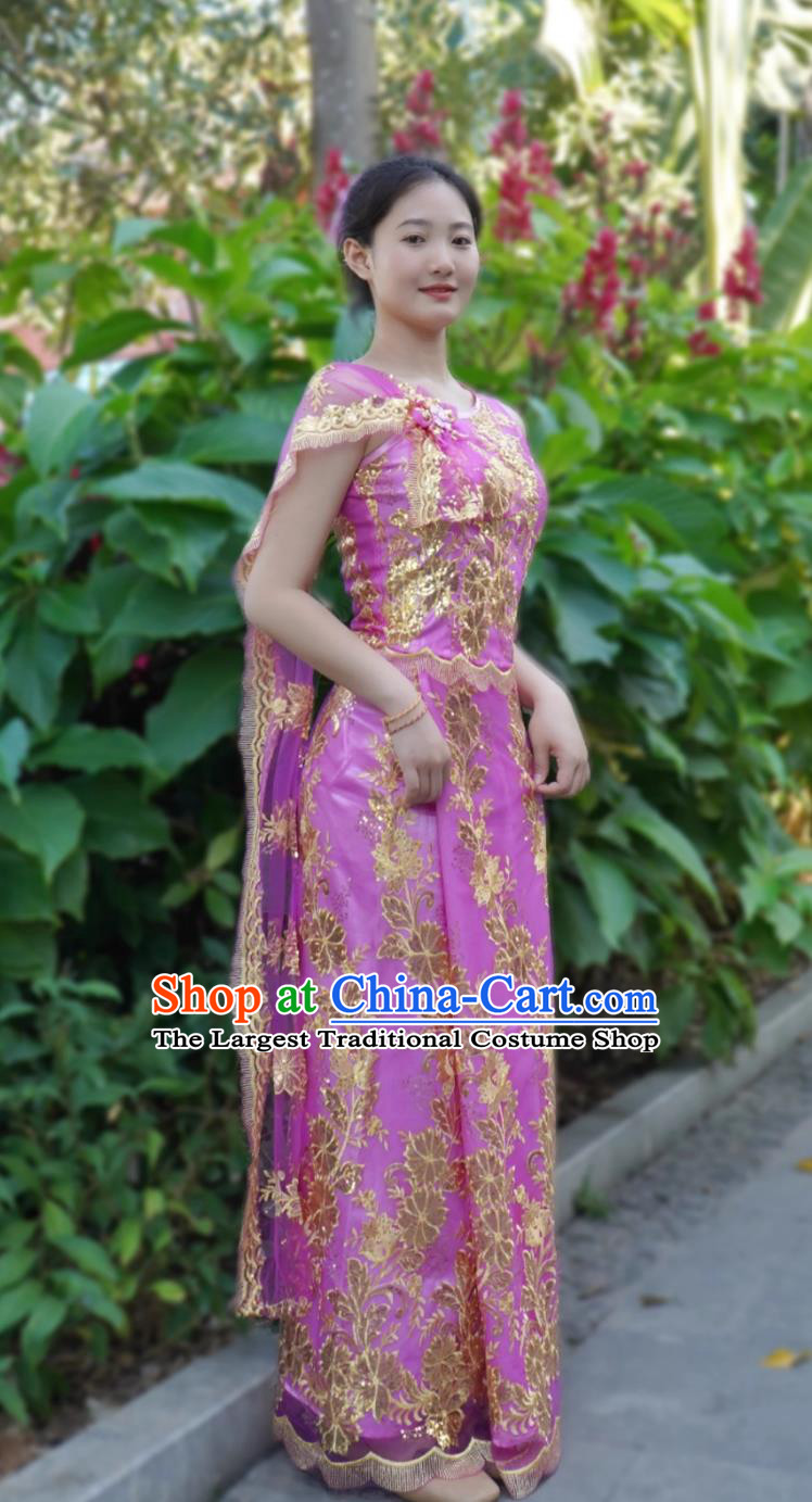 China Dai Ethnic Woman Clothing Thailand Water Splashing Festival Dance Purple Top And Long Skirt Xishuangbanna Folk Dance Costume