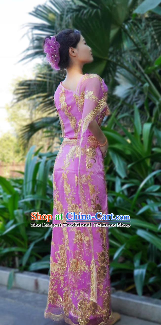 China Dai Ethnic Woman Clothing Thailand Water Splashing Festival Dance Purple Top And Long Skirt Xishuangbanna Folk Dance Costume