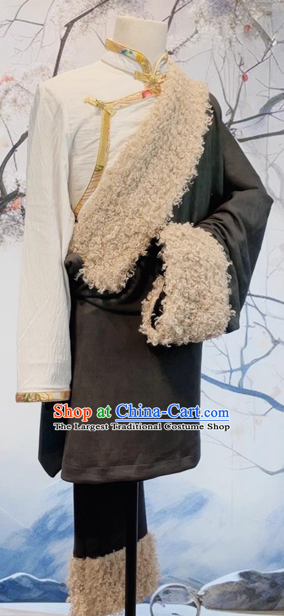 China Thermal Tibetan Robe Zang Nationality Male Winter Costume Xizang Ethnic Stage Performance Clothing
