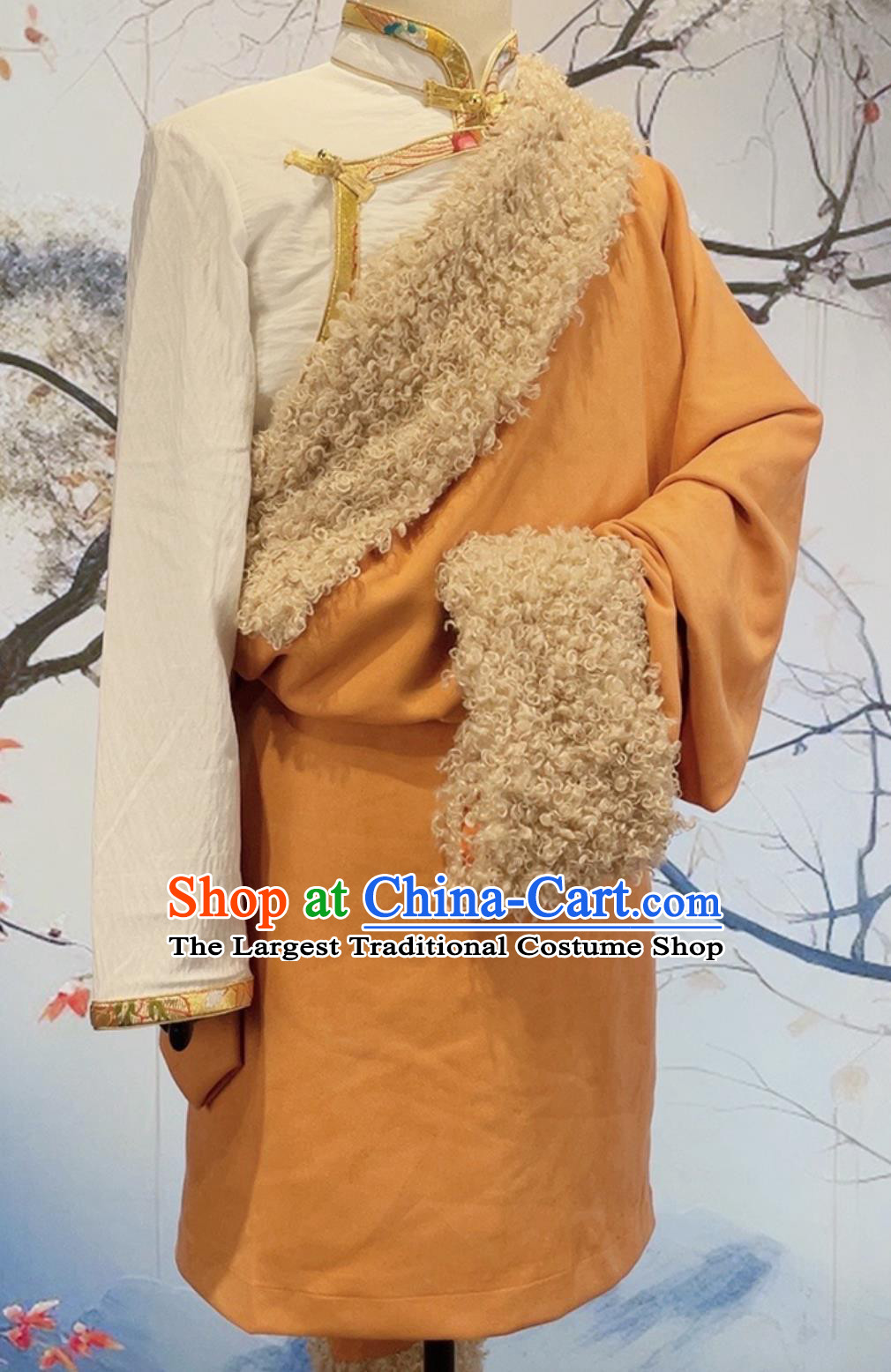 China Zang Nationality Male Winter Costume Xizang Ethnic Stage Performance Clothing Orange Thermal Tibetan Robe