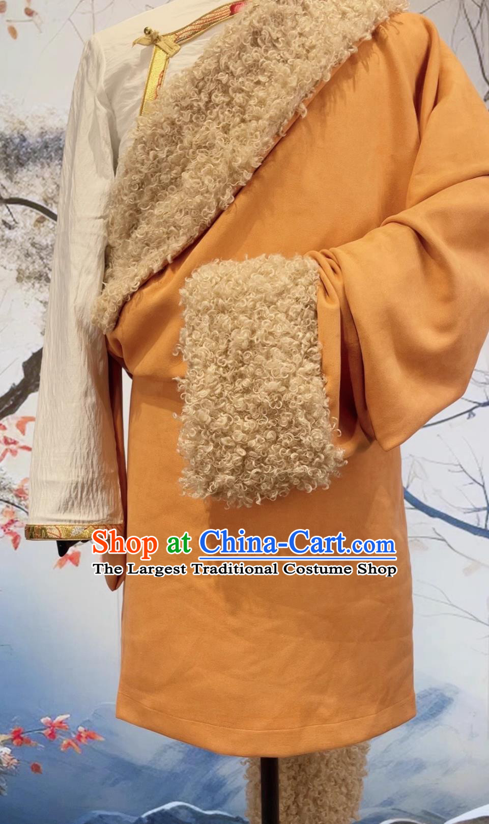 China Zang Nationality Male Winter Costume Xizang Ethnic Stage Performance Clothing Orange Thermal Tibetan Robe