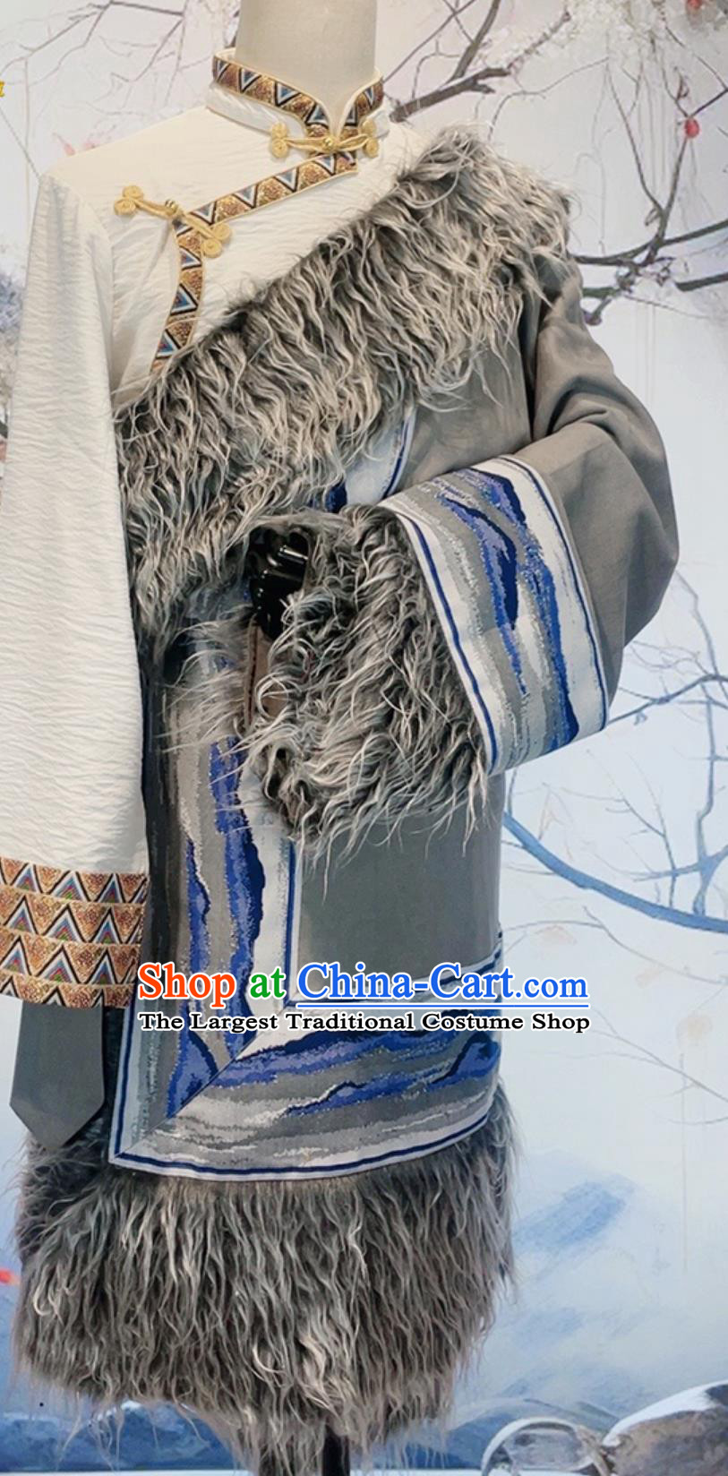 China Grey Suede Tibetan Robe Zang Nationality Male Winter Costume Xizang Ethnic Stage Performance Clothing