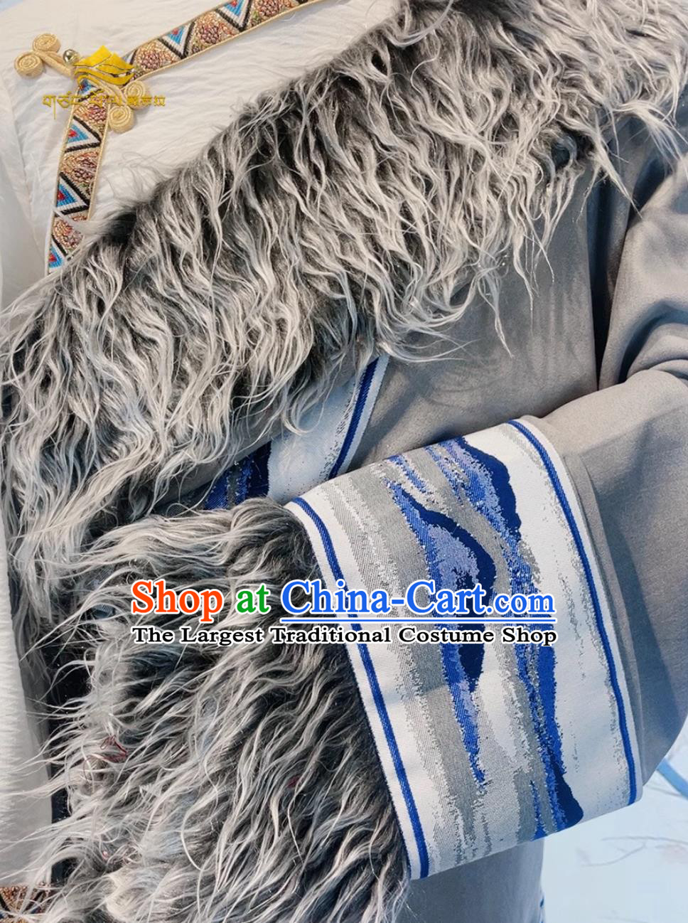 China Grey Suede Tibetan Robe Zang Nationality Male Winter Costume Xizang Ethnic Stage Performance Clothing