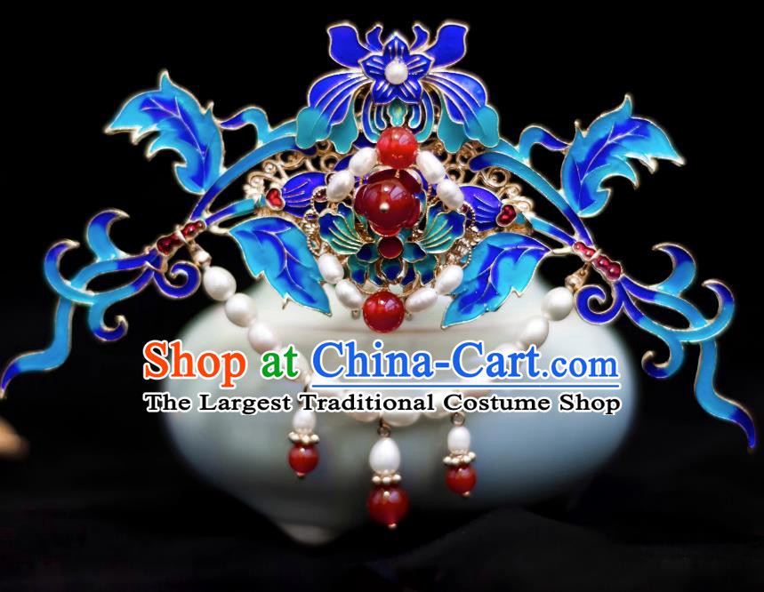 Traditional Chinese Hanfu Pearls Hair Jewelry China Ancient Empress Cloisonne Hair Crown Handmade Ming Dynasty Hairpin