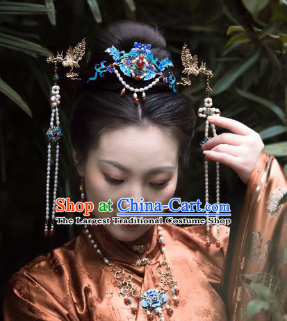 Traditional Chinese Hanfu Pearls Hair Jewelry China Ancient Empress Cloisonne Hair Crown Handmade Ming Dynasty Hairpin