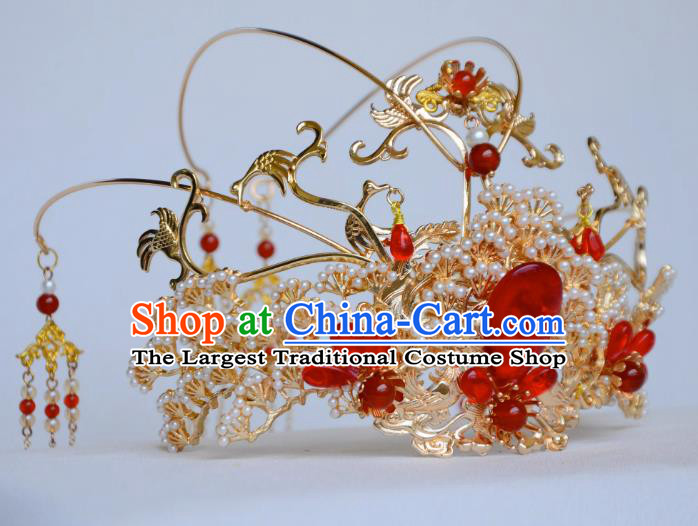 Traditional Chinese Hanfu Wedding Hair Jewelries China Ancient Princess Headdress Handmade Tang Dynasty Bride Hair Crown and Hairpins Complete Set