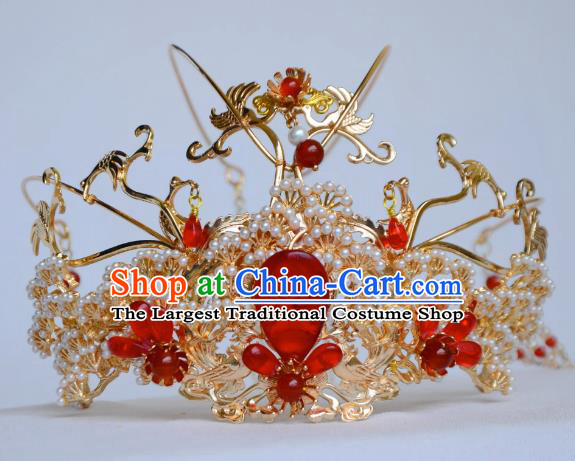 Traditional Chinese Hanfu Wedding Hair Jewelries China Ancient Princess Headdress Handmade Tang Dynasty Bride Hair Crown and Hairpins Complete Set