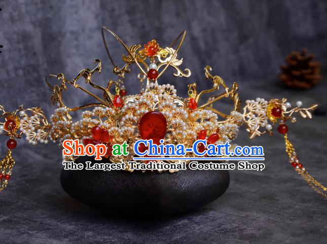 Traditional Chinese Hanfu Wedding Hair Jewelries China Ancient Princess Headdress Handmade Tang Dynasty Bride Hair Crown and Hairpins Complete Set