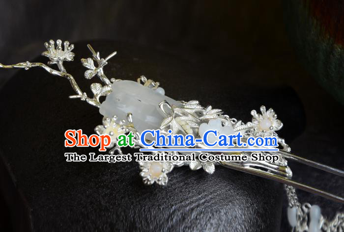 Handmade Song Dynasty White Jade Hair Clip Traditional Chinese Hanfu Hair Jewelriy China Ancient Princess Tassel Hairpin