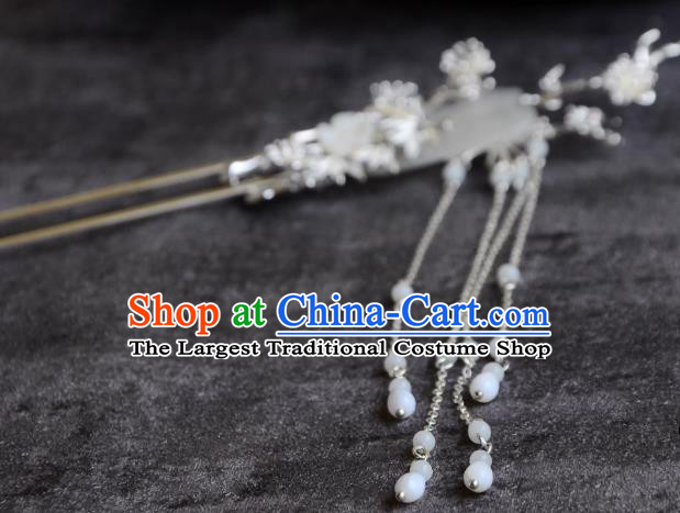 Handmade Song Dynasty White Jade Hair Clip Traditional Chinese Hanfu Hair Jewelriy China Ancient Princess Tassel Hairpin