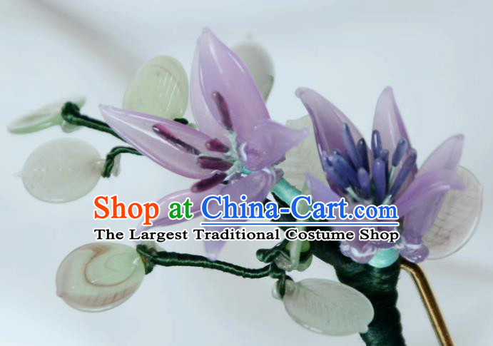 China Ancient Princess Purple Lily Flower Hairpin Handmade Ming Dynasty Dragonfly Hair Clip Traditional Chinese Hanfu Hair Jewelry