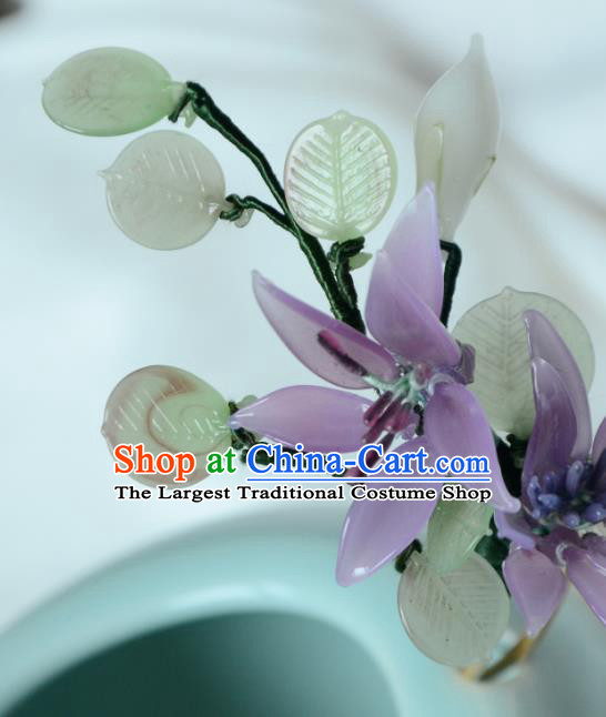 China Ancient Princess Purple Lily Flower Hairpin Handmade Ming Dynasty Dragonfly Hair Clip Traditional Chinese Hanfu Hair Jewelry