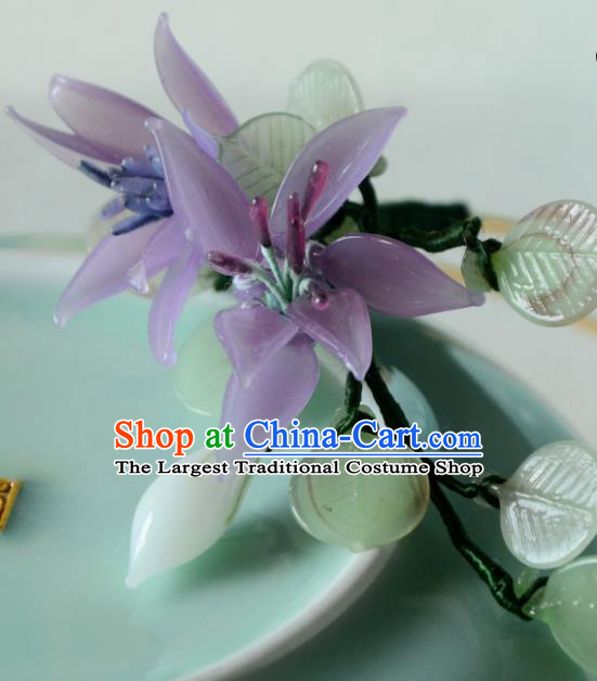 China Ancient Princess Purple Lily Flower Hairpin Handmade Ming Dynasty Dragonfly Hair Clip Traditional Chinese Hanfu Hair Jewelry
