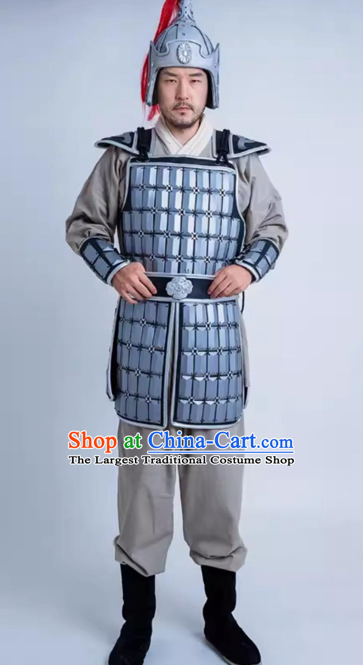China Qin Dynasty Hero Armor and Helmet Ancient Chinese Clothing Traditional Stage Performance Warrior Costume Complete Set