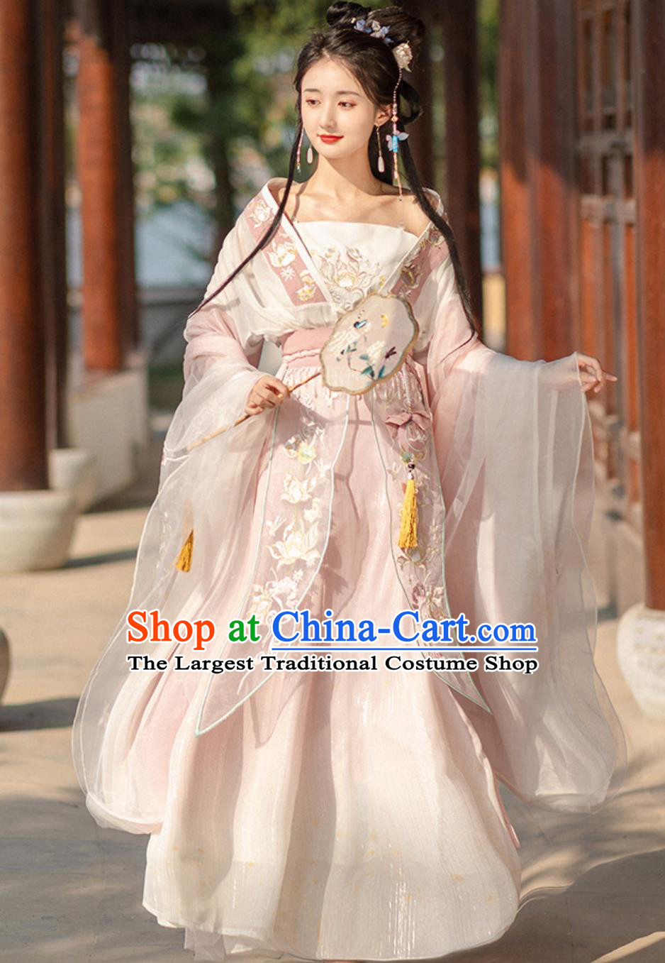 China Traditional Hanfu Embroidered Pink Dress Ancient Chinese Clothing Southern and Northern Dynasties Young Woman Costume