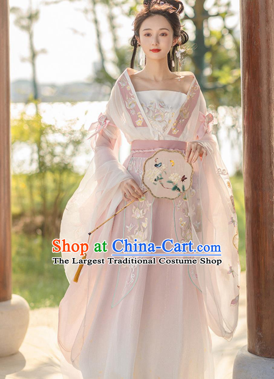China Traditional Hanfu Embroidered Pink Dress Ancient Chinese Clothing Southern and Northern Dynasties Young Woman Costume