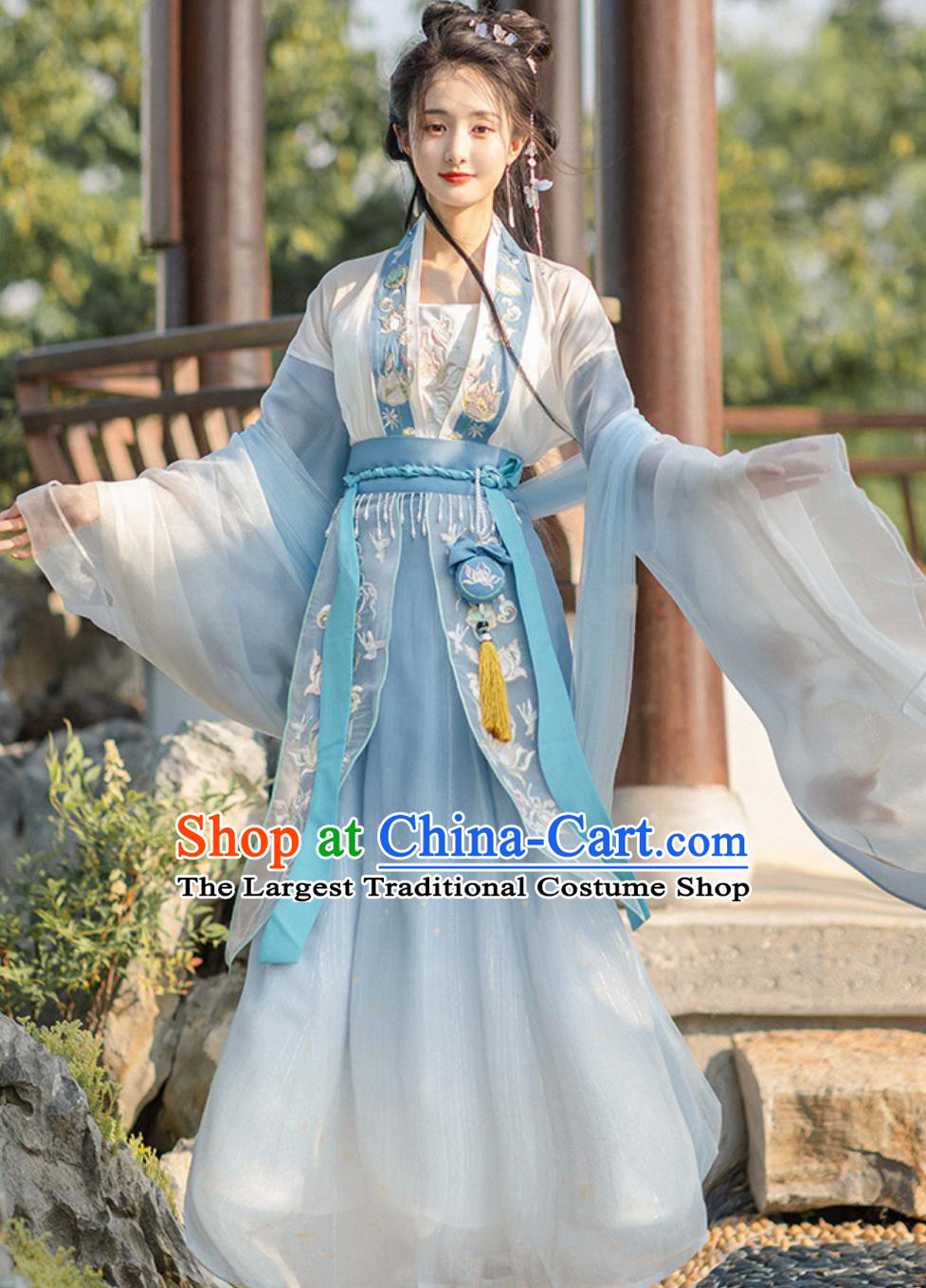 China Southern and Northern Dynasties Palace Princess Clothing Ancient Woman Costume Traditional Hanfu Blue Dress