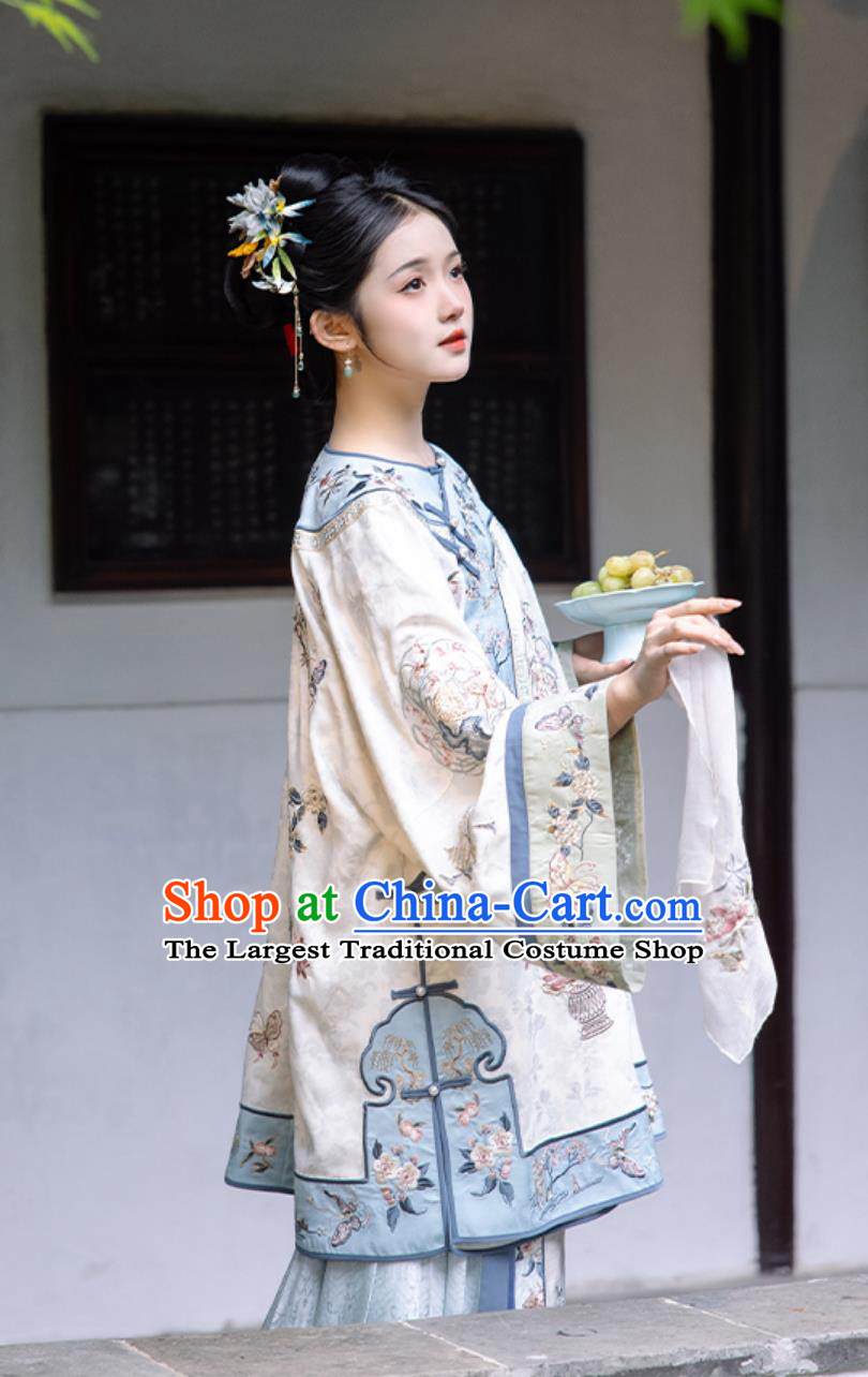 Ancient Chinese Clothing China Qing Dynasty Young Woman Costume Embroidered Blouse and Mamian Skirt Complete Set