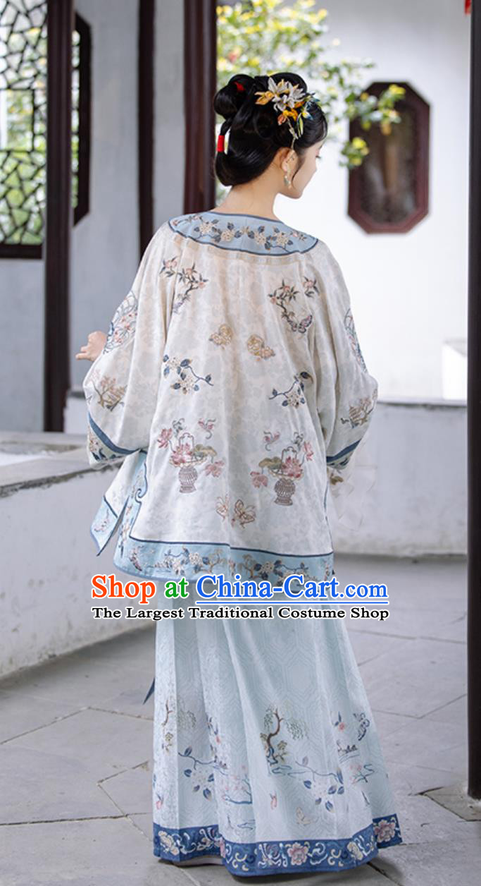 Ancient Chinese Clothing China Qing Dynasty Young Woman Costume Embroidered Blouse and Mamian Skirt Complete Set